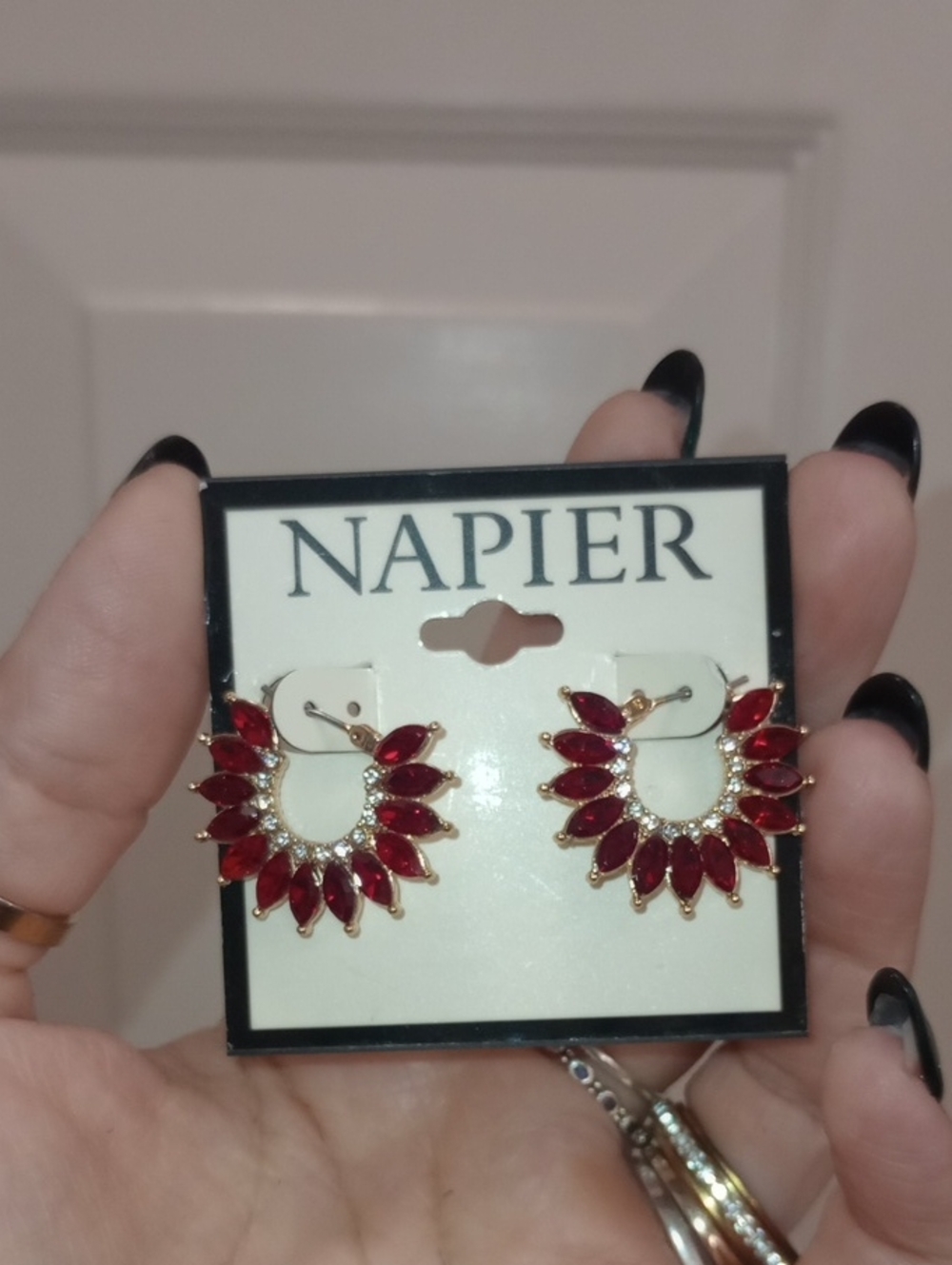 Napier Gold-Tone Hoop Earrings with Deep Red Marquise Crystals